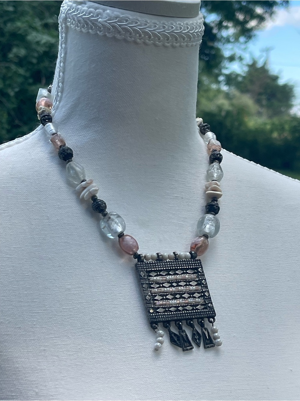 Chico's Boho Tribal Glass Bead & Silver Fringe Statement Pendant Necklace